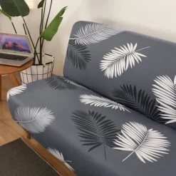 Strækbar elastisk betræk til armløs sofa, futonbetræk med bladprintdesign, varmebestandigt betræk uden armlæn, maskinvaskbar sofa