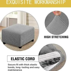 Strækbetræk, firkantede spandex stofbetræk til opbevaringsskammel, fodskammel, med elastisk bund, til møbler (lysegrå)
