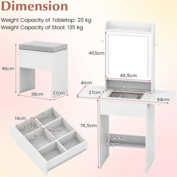 Sættebord og Skammel COSTWAY Spejl, Justerbart Lys, Glasplade, Opladningsstation, Foldbare Paneler, Skuffe Vit