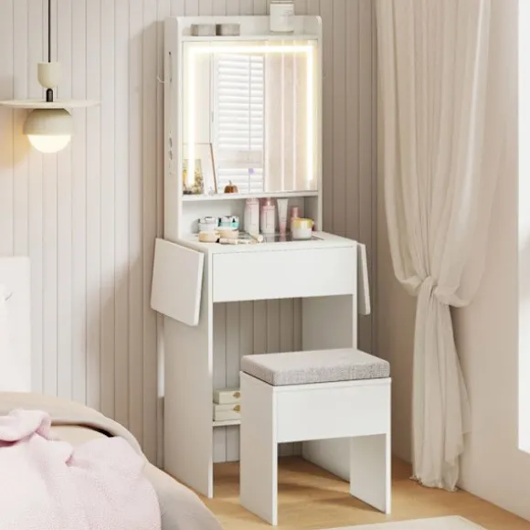 Sættebord og Skammel COSTWAY Spejl, Justerbart Lys, Glasplade, Opladningsstation, Foldbare Paneler, Skuffe Vit