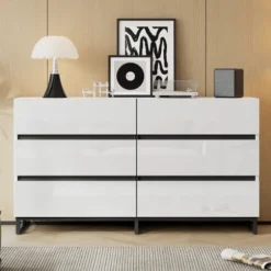 Stue skænk 140x39,5x78,5 cm, kommode med 6 skuffer, 3 metalben, højglans hvid & sort, høj belastningskapacitet White