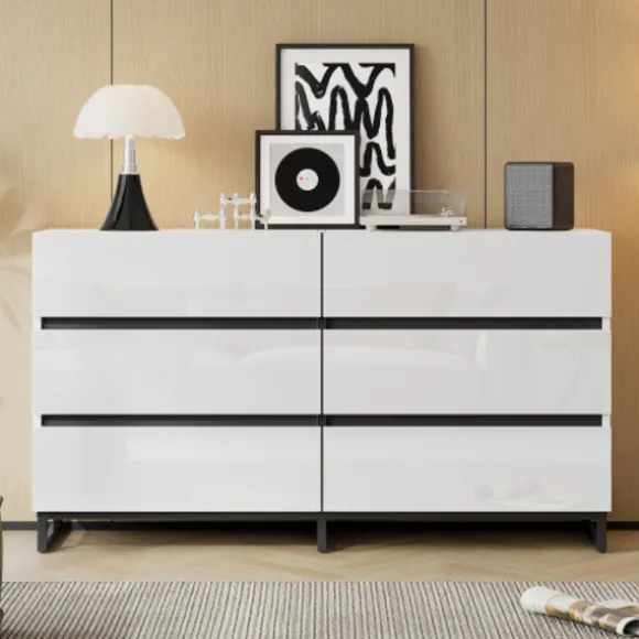 Stue skænk 140x39,5x78,5 cm, kommode med 6 skuffer, 3 metalben, højglans hvid & sort, høj belastningskapacitet White
