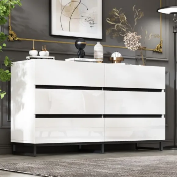 Stue skænk 140x39,5x78,5 cm, kommode med 6 skuffer, 3 metalben, højglans hvid & sort, høj belastningskapacitet White