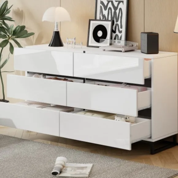 Stue skænk 140x39,5x78,5 cm, kommode med 6 skuffer, 3 metalben, højglans hvid & sort, høj belastningskapacitet White