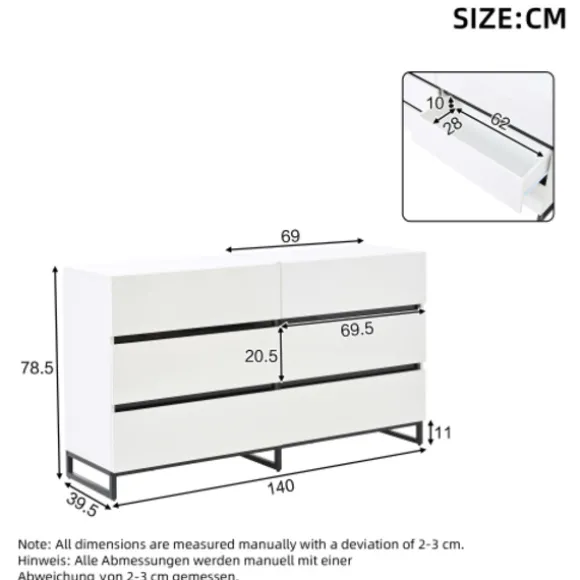 Stue skænk 140x39,5x78,5 cm, kommode med 6 skuffer, 3 metalben, højglans hvid & sort, høj belastningskapacitet White