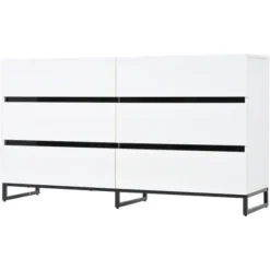 Stue skænk 140x39,5x78,5 cm, kommode med 6 skuffer, 3 metalben, højglans hvid & sort, høj belastningskapacitet White