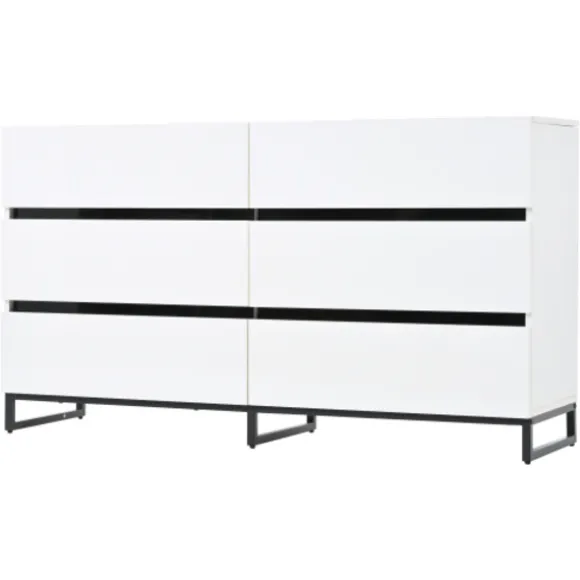 Stue skænk 140x39,5x78,5 cm, kommode med 6 skuffer, 3 metalben, højglans hvid & sort, høj belastningskapacitet White