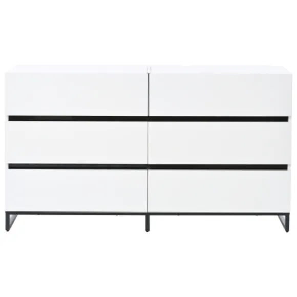 Stue skænk 140x39,5x78,5 cm, kommode med 6 skuffer, 3 metalben, højglans hvid & sort, høj belastningskapacitet White