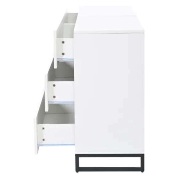 Stue skænk 140x39,5x78,5 cm, kommode med 6 skuffer, 3 metalben, højglans hvid & sort, høj belastningskapacitet White