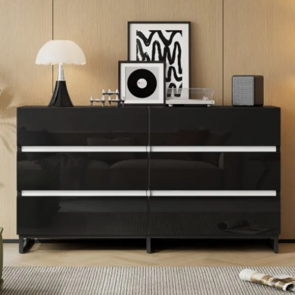 Stue skænk 140x39,5x78,5 cm, kommode med 6 skuffer, 3 metalben, højglans hvid & sort, høj belastningskapacitet Black
