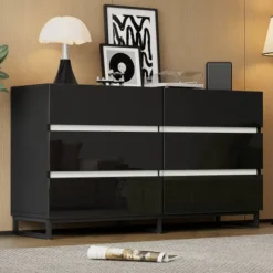 Stue skænk 140x39,5x78,5 cm, kommode med 6 skuffer, 3 metalben, højglans hvid & sort, høj belastningskapacitet Black