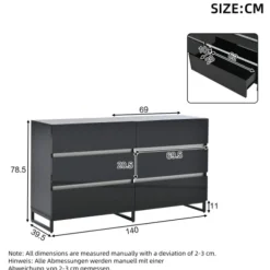 Stue skænk 140x39,5x78,5 cm, kommode med 6 skuffer, 3 metalben, højglans hvid & sort, høj belastningskapacitet Black