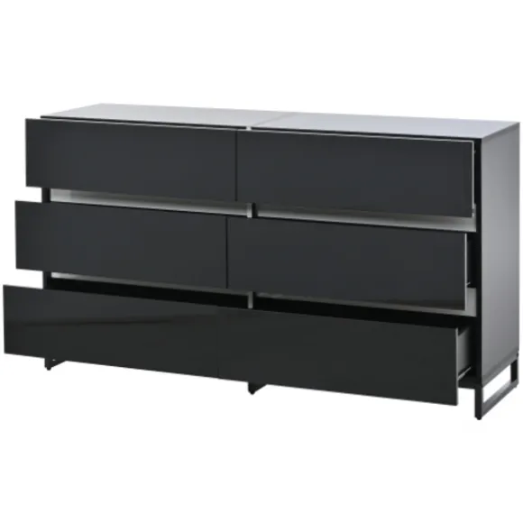 Stue skænk 140x39,5x78,5 cm, kommode med 6 skuffer, 3 metalben, højglans hvid & sort, høj belastningskapacitet Black