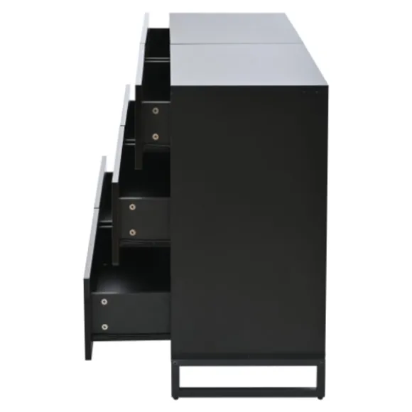 Stue skænk 140x39,5x78,5 cm, kommode med 6 skuffer, 3 metalben, højglans hvid & sort, høj belastningskapacitet Black