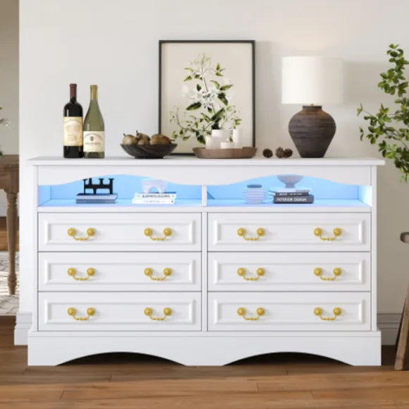 Stueskab 120x40x70 cm med 6 rum & LED - Halvåben opbevaringsplads, hvid White