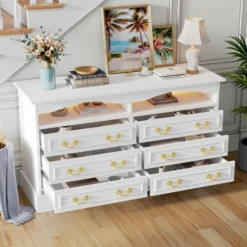 Stueskab 120x40x70 cm med 6 rum & LED - Halvåben opbevaringsplads, hvid White
