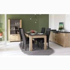 Stuesæt - AUSTIN - Spisebord 170x90 cm - Vitrine - 2-dørs skænk - Hamilton eg og grå Hamilton Ek/trottoar