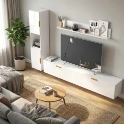 Svævende TV-bord med klapdøre, 180 cm, blank hvid