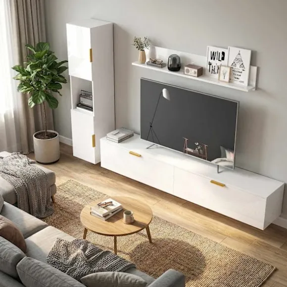 Svævende TV-bord med klapdøre, 180 cm, blank hvid