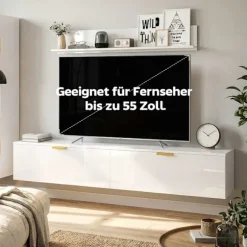 Svævende TV-bord med klapdøre, 180 cm, blank hvid