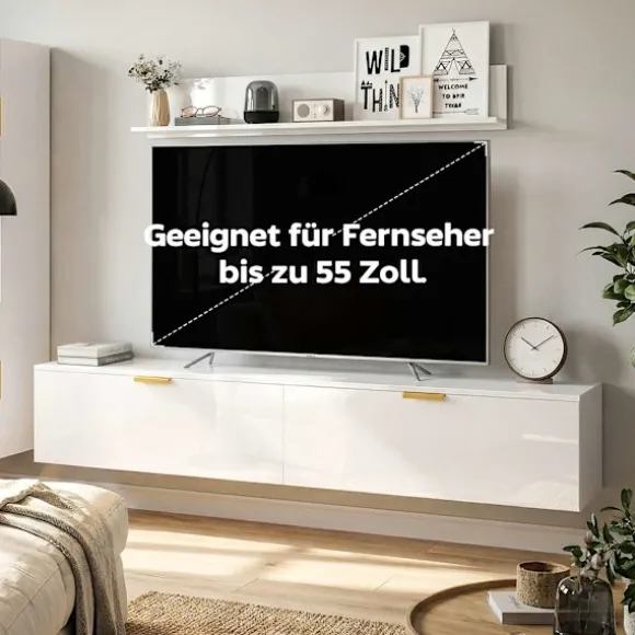 Svævende TV-bord med klapdøre, 180 cm, blank hvid