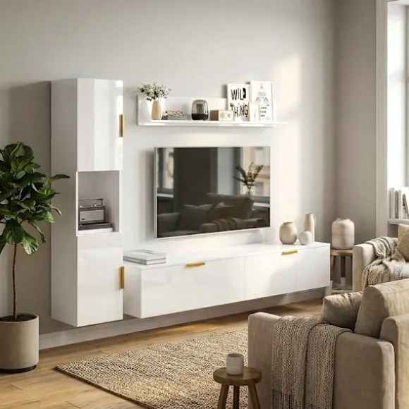 Svævende TV-bord med klapdøre, 180 cm, blank hvid