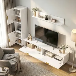 Svævende TV-bord med klapdøre, 180 cm, blank hvid