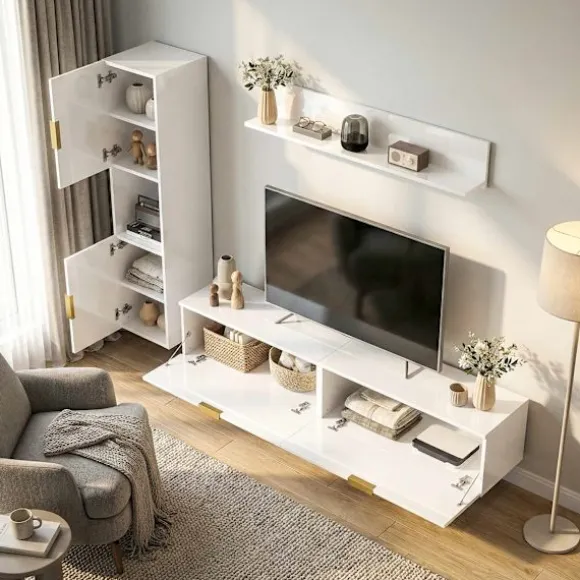 Svævende TV-bord med klapdøre, 180 cm, blank hvid