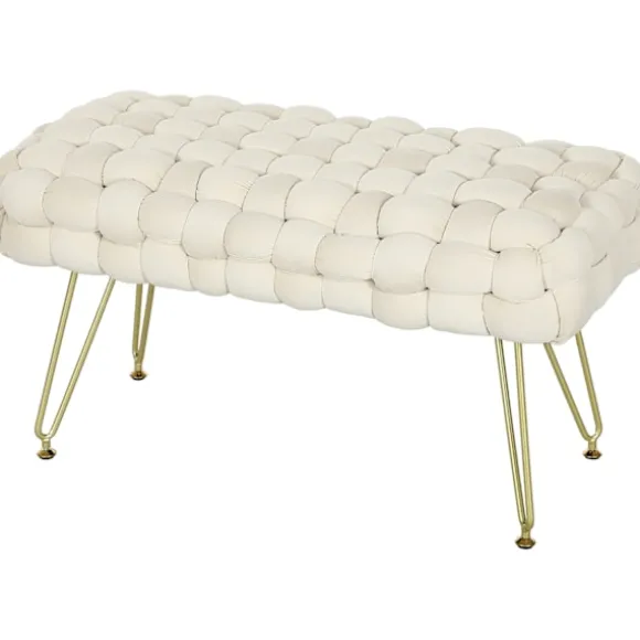 Taburet, polstret bænk med fløjlslook, fodskammel med polstret sæde, metalben, fodstøtte, til stue, soveværelse, 76 x 38 x 41,5 cm, cremehvid