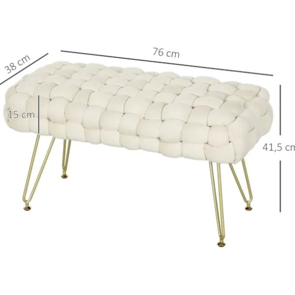 Taburet, polstret bænk med fløjlslook, fodskammel med polstret sæde, metalben, fodstøtte, til stue, soveværelse, 76 x 38 x 41,5 cm, cremehvid