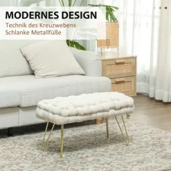 Taburet, polstret bænk med fløjlslook, fodskammel med polstret sæde, metalben, fodstøtte, til stue, soveværelse, 76 x 38 x 41,5 cm, cremehvid