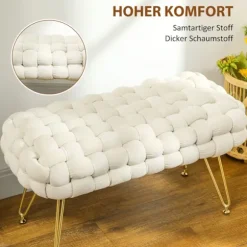 Taburet, polstret bænk med fløjlslook, fodskammel med polstret sæde, metalben, fodstøtte, til stue, soveværelse, 76 x 38 x 41,5 cm, cremehvid