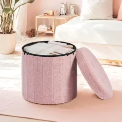Teddy fleece-skammel med opbevaring 45 cm - Pink