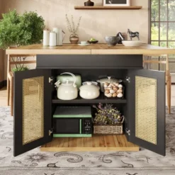 Teleskopisk spisebord 110-140x80cm, udtrækkeligt og sammenklappeligt, med PE rattan døre, til 4-6 personer, pladsbesparende Black + Natural