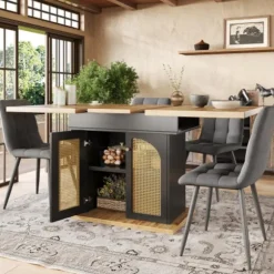 Teleskopisk spisebord 110-140x80cm, udtrækkeligt og sammenklappeligt, med PE rattan døre, til 4-6 personer, pladsbesparende Black + Natural
