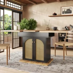 Teleskopisk spisebord 110-140x80cm, udtrækkeligt og sammenklappeligt, med PE rattan døre, til 4-6 personer, pladsbesparende Black + Natural