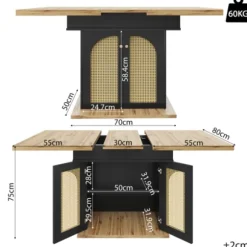 Teleskopisk spisebord 110-140x80cm, udtrækkeligt og sammenklappeligt, med PE rattan døre, til 4-6 personer, pladsbesparende Black + Natural