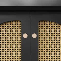 Teleskopisk spisebord 110-140x80cm, udtrækkeligt og sammenklappeligt, med PE rattan døre, til 4-6 personer, pladsbesparende Black + Natural