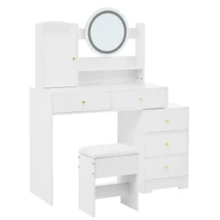 Toiletbord med dæmpbar LED-belysning og stikkontakter, 90x132 cm, med 5 skuffer og spejl, inklusive skammel, hvid White