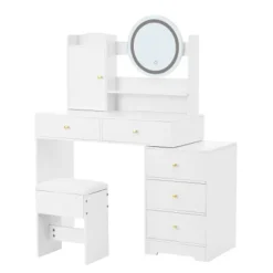 Toiletbord med dæmpbar LED-belysning og stikkontakter, 90x132 cm, med 5 skuffer og spejl, inklusive skammel, hvid White