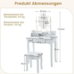 Toiletbord med LED-belysning justerbar lysstyrke toiletbord med 3 skuffer hvid