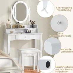 Toiletbord med LED-belysning justerbar lysstyrke toiletbord med 3 skuffer hvid