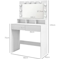 Toiletbord med LED-belysning Toiletbord med spejl Justerbar lysstyrke Kosmetikbord med 2 skuffer Åbne hylder til soveværelse Hvid