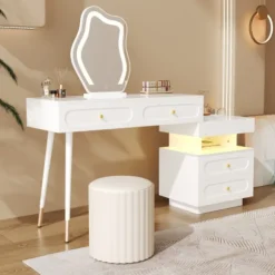 Toiletbord med LED-spejl og belysning, 140x40x130cm, med 4 skuffer og opbevaringsrum, professionelt toiletbord, hvid White