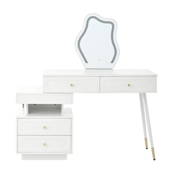 Toiletbord med LED-spejl og belysning, 140x40x130cm, med 4 skuffer og opbevaringsrum, professionelt toiletbord, hvid White