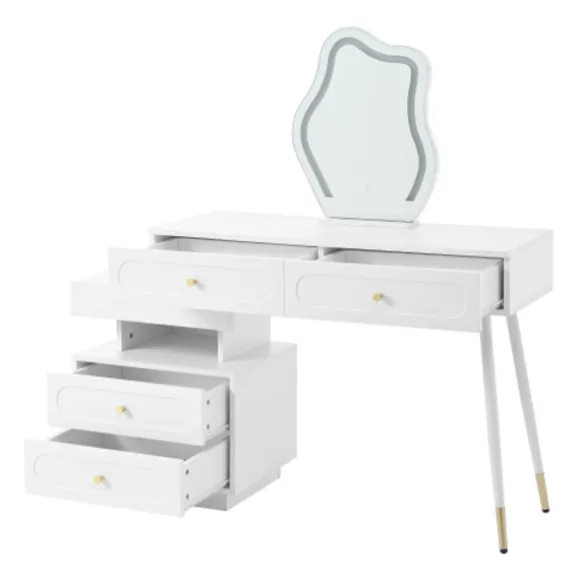 Toiletbord med LED-spejl og belysning, 140x40x130cm, med 4 skuffer og opbevaringsrum, professionelt toiletbord, hvid White