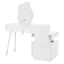 Toiletbord med LED-spejl og belysning, 140x40x130cm, med 4 skuffer og opbevaringsrum, professionelt toiletbord, hvid White