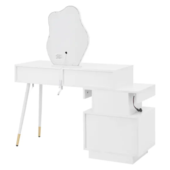 Toiletbord med LED-spejl og belysning, 140x40x130cm, med 4 skuffer og opbevaringsrum, professionelt toiletbord, hvid White