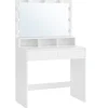 Toiletbord Vanity Table med 9 LED-pærer og spejl, justerbar lysstyrke, 2 skuffer og 3 åbne rum, moderne hvid