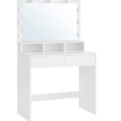 Toiletbord Vanity Table med 9 LED-pærer og spejl, justerbar lysstyrke, 2 skuffer og 3 åbne rum, moderne hvid